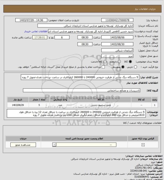 استعلام 5 دستگاه دیگ چدنی از ظرفیت خروجی 240000 تا 260000 کیلوکالری در ساعت -پرداخت نقدی-تحویل 7 روزه