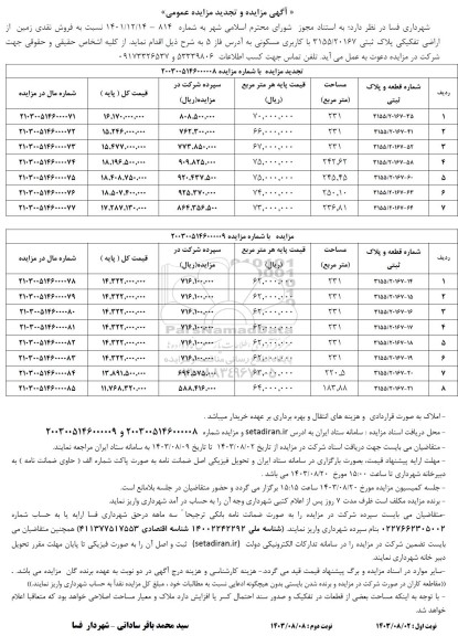 مزایده و تجدید مزایده فروش نقدی زمین از اراضی تفکیکی پلاک ثبتی 3155/20167 با کاربری مسکونی