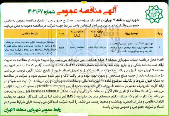 مناقصه بهسازی،لکه گیری، روکش دستی آسفالت و همسطح سازی دریچه...