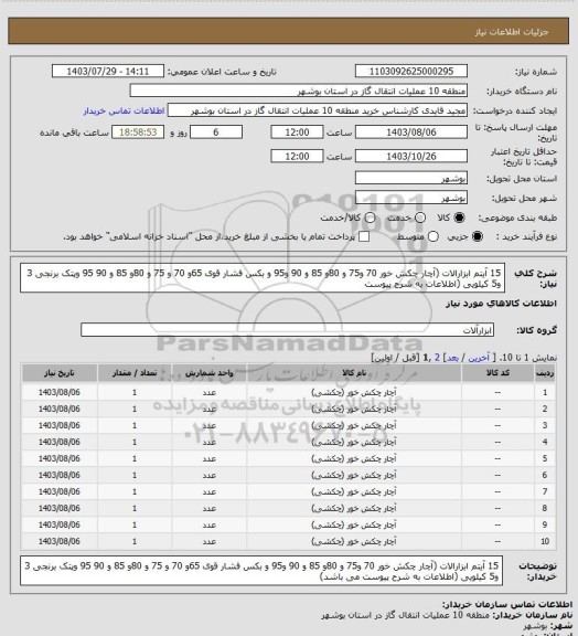 استعلام 15 آیتم ابزارالات (آچار چکش خور 70 و75 و 80و 85 و 90 و95 و بکس فشار قوی 65و 70 و 75 و 80و 85 و 90  95 وپتک برنجی 3 و5 کیلویی (اطلاعات به شرح پیوست