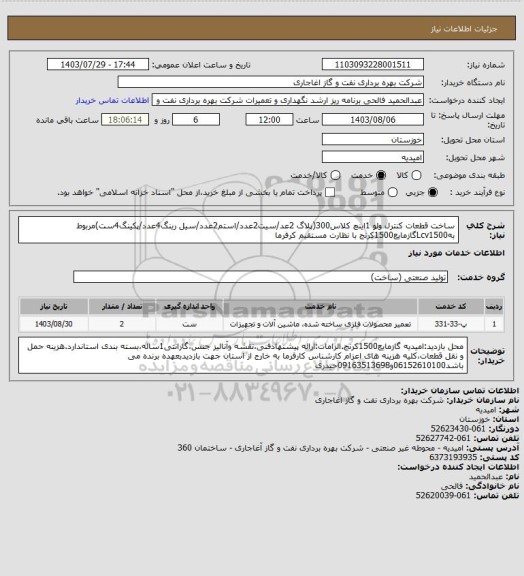 استعلام ساخت قطعات کنترل ولو 1اینچ کلاس300(پلاگ 2عد/سیت2عدد/استم2عدد/سیل رینگ4عدد/پکینگ4ست)مربوط بهLcv1500گازمایع1500کرنج با نظارت مستقیم کرفرما