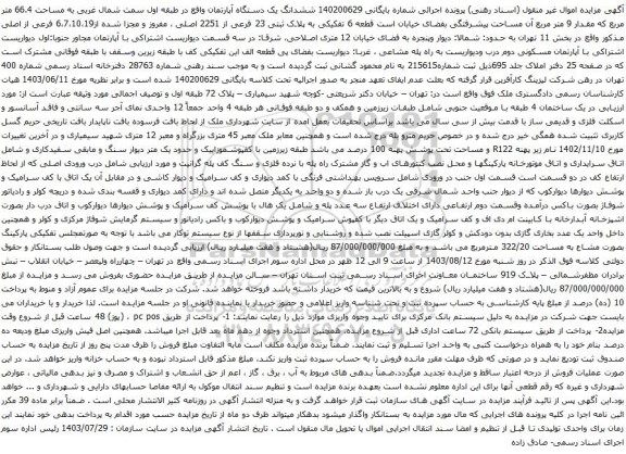 مزایده ششدانگ یک دستگاه آپارتمان واقع در طبقه اول سمت شمال غربی به مساحت 66.4 متر مربع 