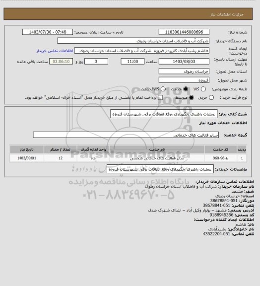 استعلام عملیات راهبری ونگهداری ورفع اتفاقات برقی شهرستان فیروزه