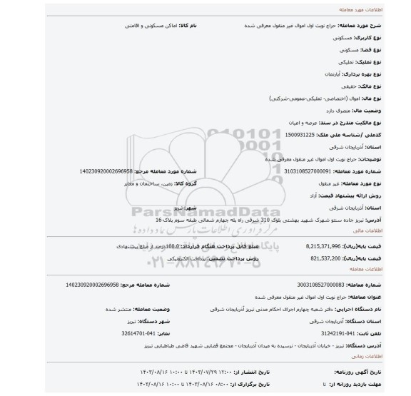 مزایده، حراج نوبت اول اموال غیر منقول معرفی شده