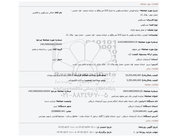 مزایده، فروش حیاط مسکونی به متراژ 215 متر واقع در خیابان منجم - اول حجتی - حصار دوم - پلاک 11