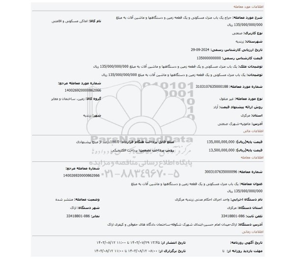 مزایده، یک باب منزل مسکونی و یک قطعه زمین و دستگاهها و ماشین آلات به مبلغ 135/000/000/000 ریال