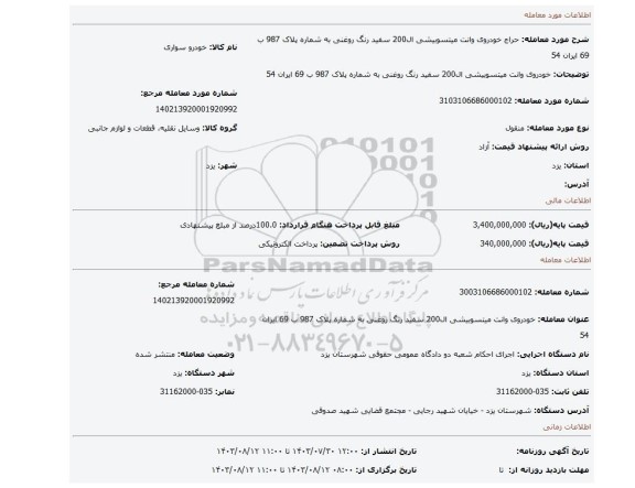 مزایده، خودروی وانت میتسوبیشی ال200 سفید رنگ روغنی   به شماره پلاک   987 ب 69 ایران 54