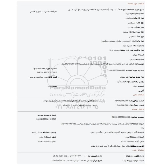 مزایده، 6 دانگ یک واحد آپارتمان به متراژ 69.28 متر مربع به مبلغ کارشناسی 19/400/000/000 ریال