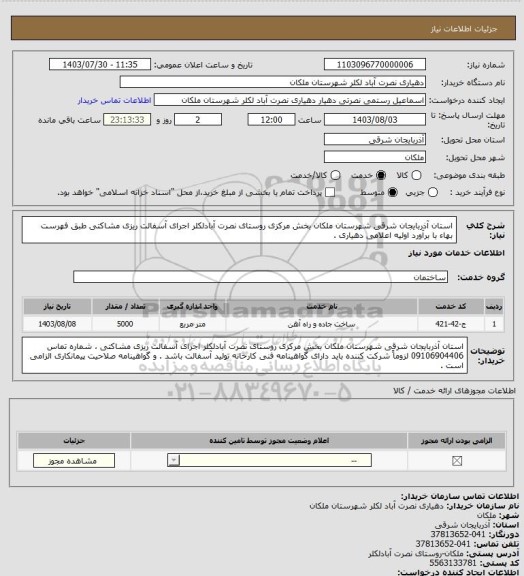 استعلام استان آذربایجان شرقی شهرستان ملکان بخش مرکزی روستای نصرت آبادلکلر اجرای آسفالت ریزی مشاکتی طبق فهرست بهاء با برآورد اولیه اعلامی دهیاری .