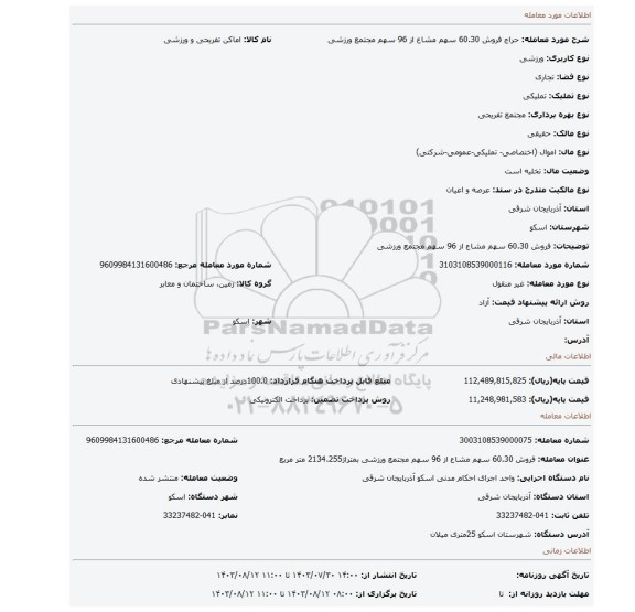 مزایده، فروش 60.30 سهم مشاع از 96 سهم مجتمع ورزشی