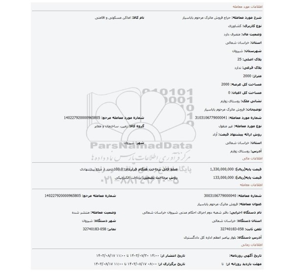 مزایده، فروش ماترک مرحوم باباسیار