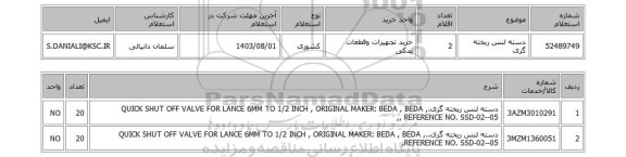 استعلام دسته لنس ریخته گری