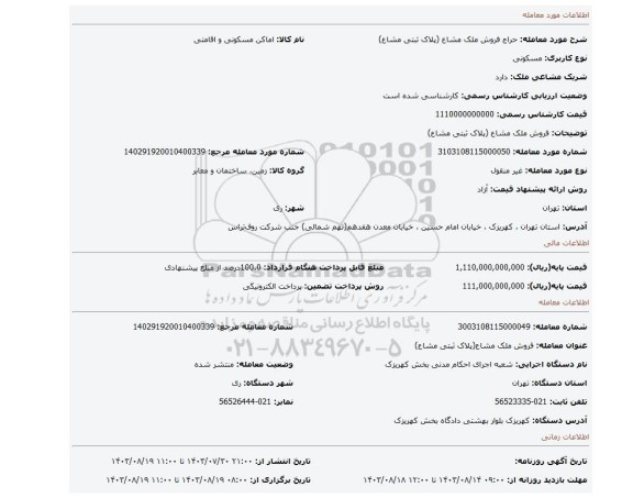 مزایده، فروش ملک مشاع (پلاک ثبتی مشاع)