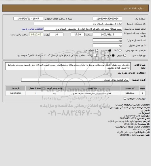 استعلام واگذاری امورحقوقی اداری وخدماتی مربوط به 37باب مغازه واقع درخضرابادتی سی تامین کنندگان طبق لیست پیوست وشرایط ان قیمت گذاری نمایند