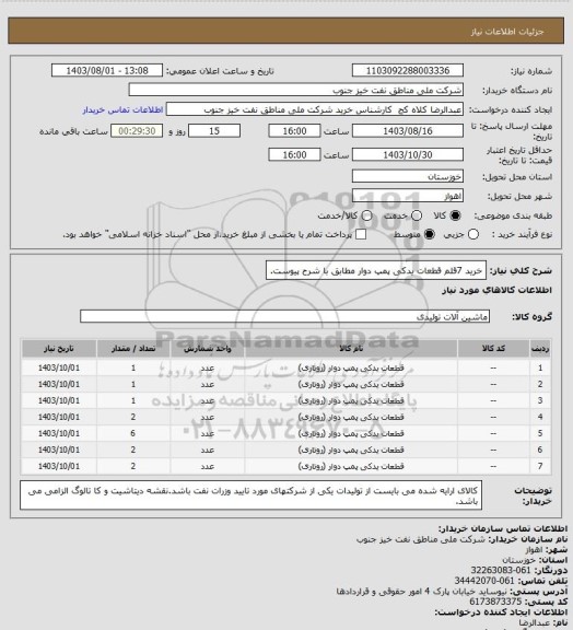 استعلام خرید 7قلم قطعات یدکی پمپ دوار مطابق با شرح پیوست.