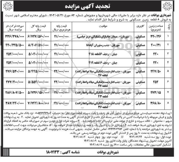 تجدید مزایده فروش 8 قطعه زمین مسکونی  ​​​​​​​نوبت دوم 