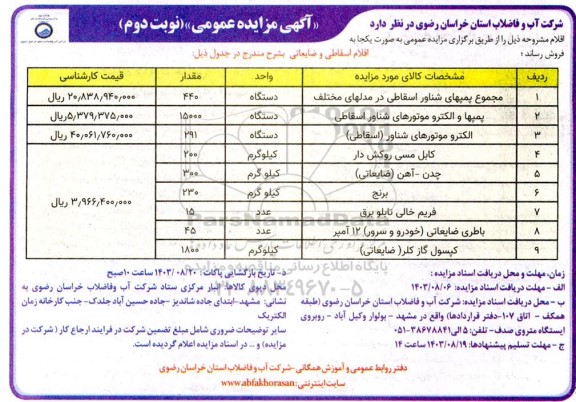 مزایده اقلام اسقاطی و ضایعاتی ... / نوبت دوم