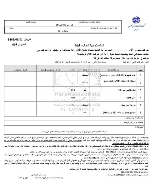 استعلام خرید دوربین مداربسته مرکز مخابرات