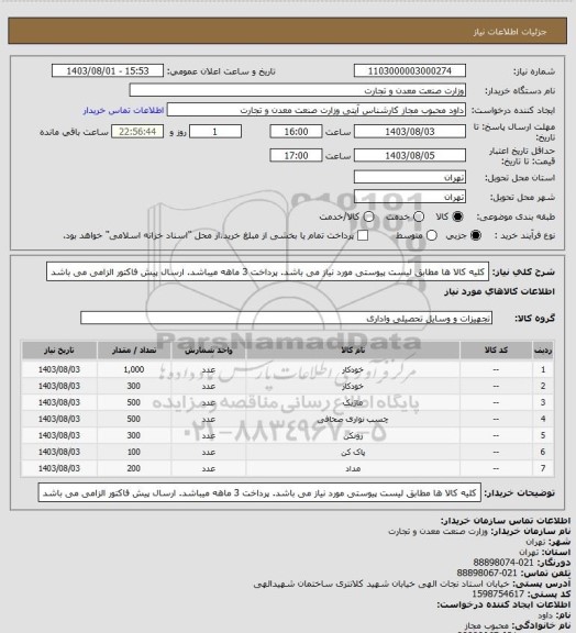 استعلام کلیه کالا ها مطابق لیست پیوستی مورد نیاز می باشد. پرداخت 3 ماهه میباشد. ارسال پیش فاکتور الزامی می باشد