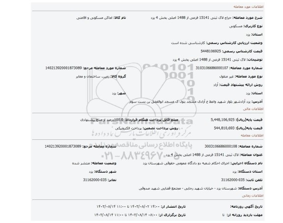 مزایده، لاک ثبتی 15141 فرعی از 1488 اصلی بخش 4 یزد