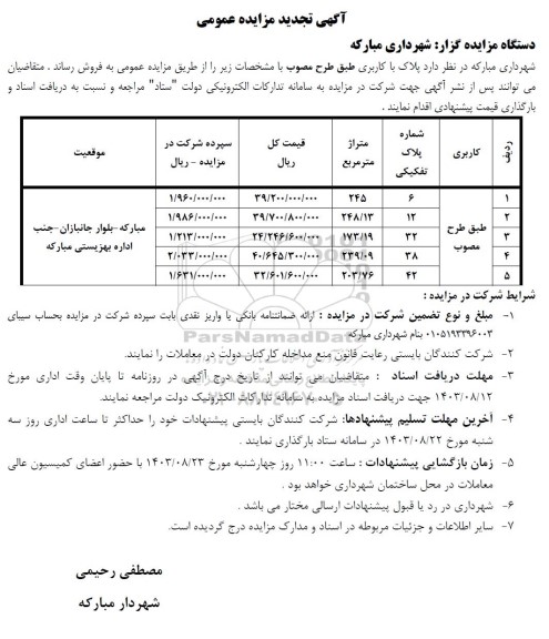 مزایده فروش 5 پلاک با کاربری طبق طرح مصوب