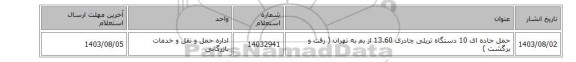 حمل جاده ای 10 دستگاه تریلی چادری 13.60 از بم به تهران ( رفت و برگشت )