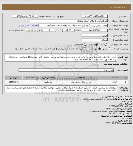 استعلام تخریب اتاقک ایستگاه پمپاژ و نصب کانکس جدید و ساخت منهول کنتور حجمی و اجرای فنس مخزن 100 مترمکعبی روستای گل چشمه شهرستان محلات -3.445.056.787 ریال