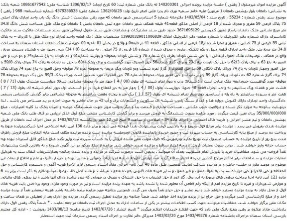 مزایده شش دانگ یک باب واحد تجاری پلاک اصلی 75 پلاک فرعی 59 مفروز و مجزی شده از 18 فرعی از اصلی 