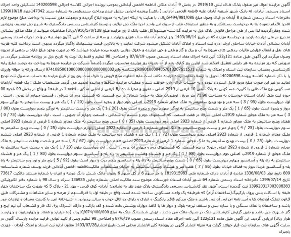 مزایده اموال غیر منقول پلاک های ثبتی 2919/10 در بخش 9 آبادان 