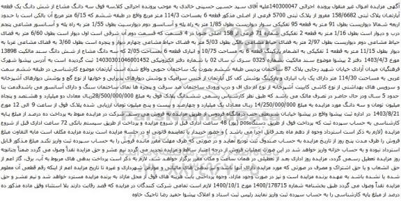 مزایده شش دانگ یک قطعه آپارتمان پلاک ثبتی 158/6682 مفروز از پلاک ثبتی 5700 فرعی از اصلی 