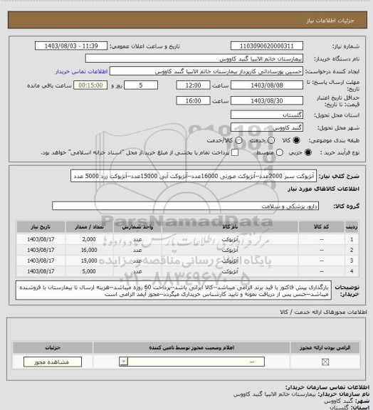 استعلام آنژیوکت سبز 2000عدد--آنژیوکت صورتی 16000عدد--آنژیوکت آبی 15000عدد--آنژیوکت زرد 5000 عدد