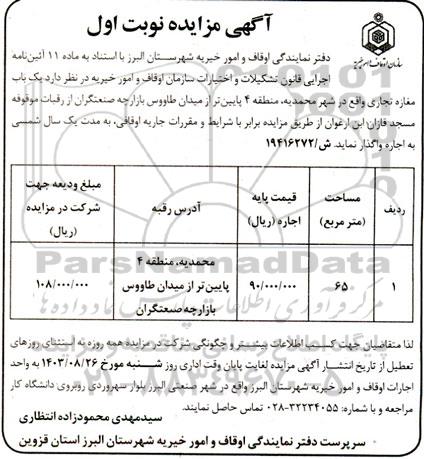 مزایده یکباب مغازه تجاری 