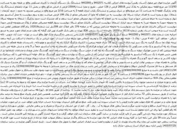 مزایده ششدانگ یک دستگاه آپارتمان با کاربری مسکونی واقع در طبقه دوم به مساحت 113/93 متر مربع 