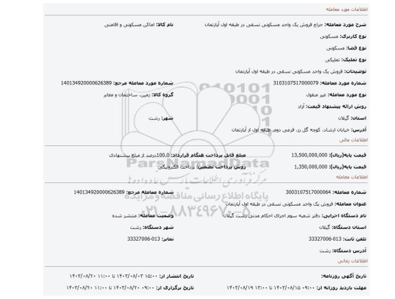 مزایده، فروش یک واحد مسکونی نسقی در طبقه اول آپارتمان