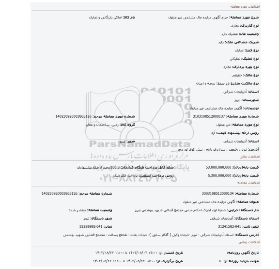 مزایده، آگهی مزایده مال مشاعی غیر منقول