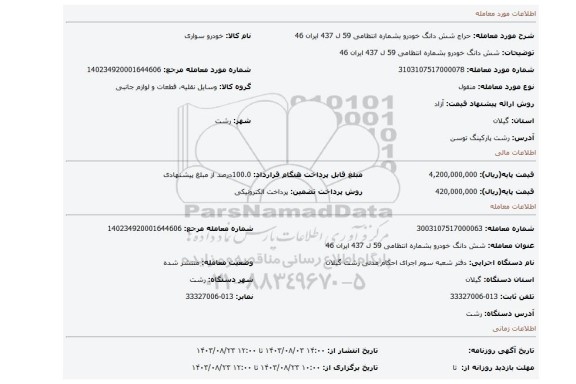 مزایده، شش دانگ خودرو بشماره انتظامی 59 ل 437 ایران 46