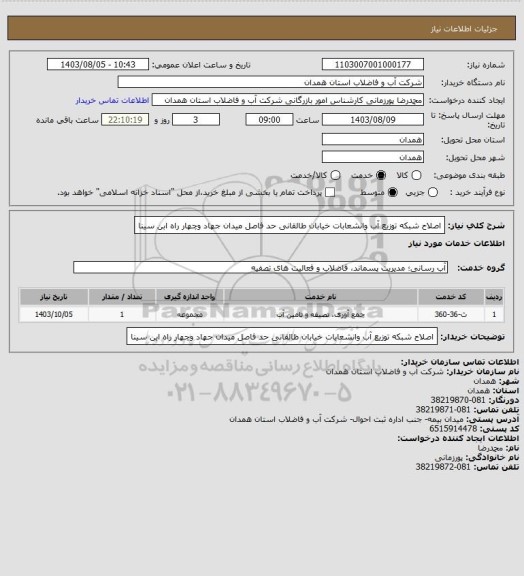 استعلام اصلاح شبکه توزیع آب وانشعابات خیابان طالقانی حد فاصل میدان جهاد وچهار راه ابن سینا