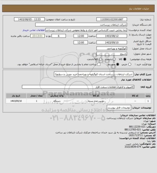 استعلام شرکت ارتباطات زیرساخت استان کهگیلویه و بویراحمد(خرید دوربین و سوئیچ)