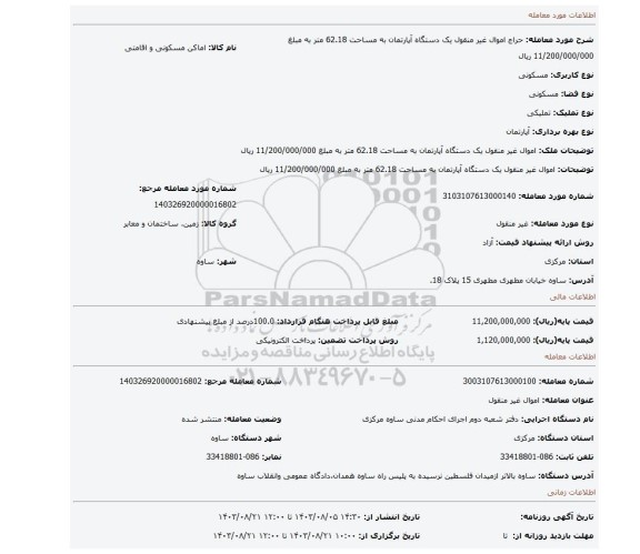 مزایده، اموال غیر منقول یک دستگاه آپارتمان به مساحت 62.18 متر به مبلغ 11/200/000/000 ریال