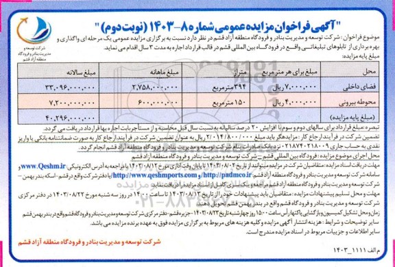 فراخوان مزایده واگذاری و بهره برداری از تابلوهای تبلیغاتی- نوبت دوم