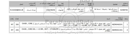 استعلام سیم بکسلها - زنجیرها - تسمه ها ومتعلقات