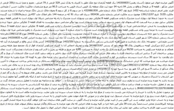 مزایده یک قطعه آپارتمان نوع ملک طلق با کاربری به پلاک ثبتی 529 فرعی از 79 اصلی ، مفروز و مجزا شده از350 فرعی از اصلی 