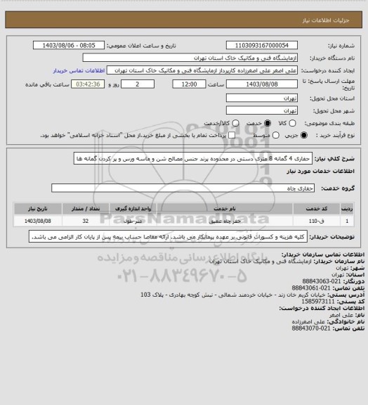 استعلام حفاری 4 گمانه 8 متری  دستی در محدوده پرند جنس مصالح شن و ماسه ورس و پر کردن گمانه ها