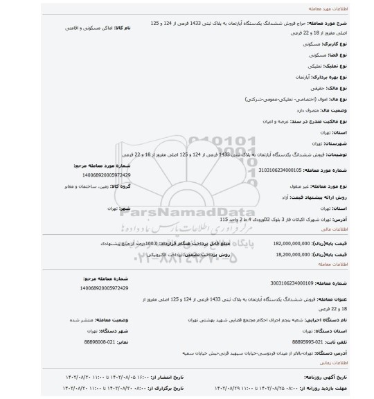 مزایده، فروش ششدانگ یکدستگاه آپارتمان به پلاک ثبتی 1433 فرعی از 124 و 125 اصلی  مفروز از 18 و 22 فرعی