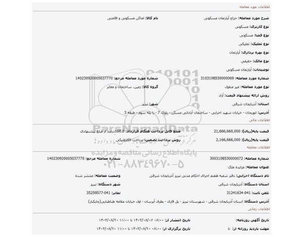 مزایده، آپارتمان مسکونی