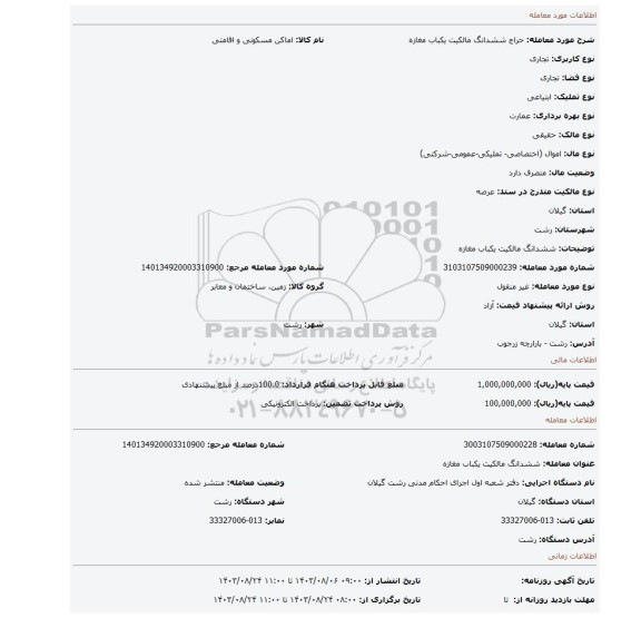 مزایده، ششدانگ مالکیت یکباب مغازه