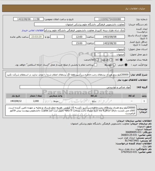 استعلام 20000کیلو برنج هندی برندهای رجب،خاطره،سرآشپز,لطفا اگر برندهای اعلام شده را موجد ندارید در استعلام شرکت نکنید