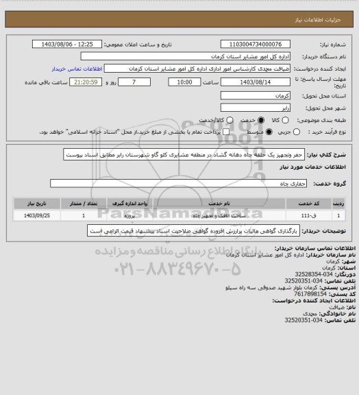 استعلام حفر وتجهیز یک حلقه چاه دهانه گشاد در منطقه عشایری کلو گاو  شهرستان رابر مطابق اسناد پیوست