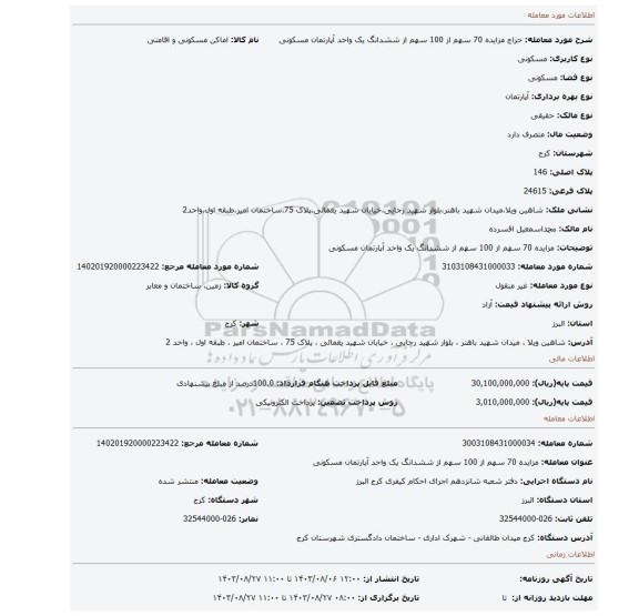 مزایده، مزایده 70 سهم از 100 سهم از ششدانگ یک واحد آپارتمان مسکونی