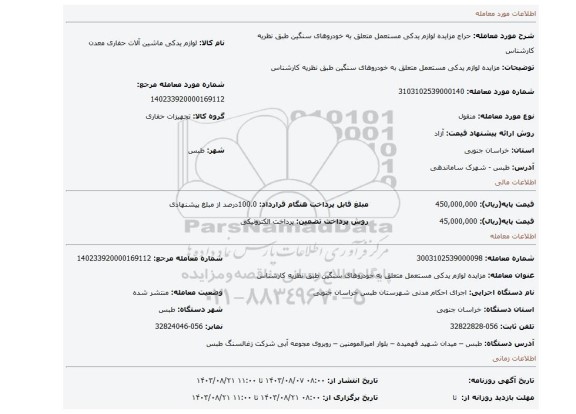 مزایده، مزایده لوازم یدکی مستعمل متعلق به خودروهای سنگین طبق نظریه کارشناس